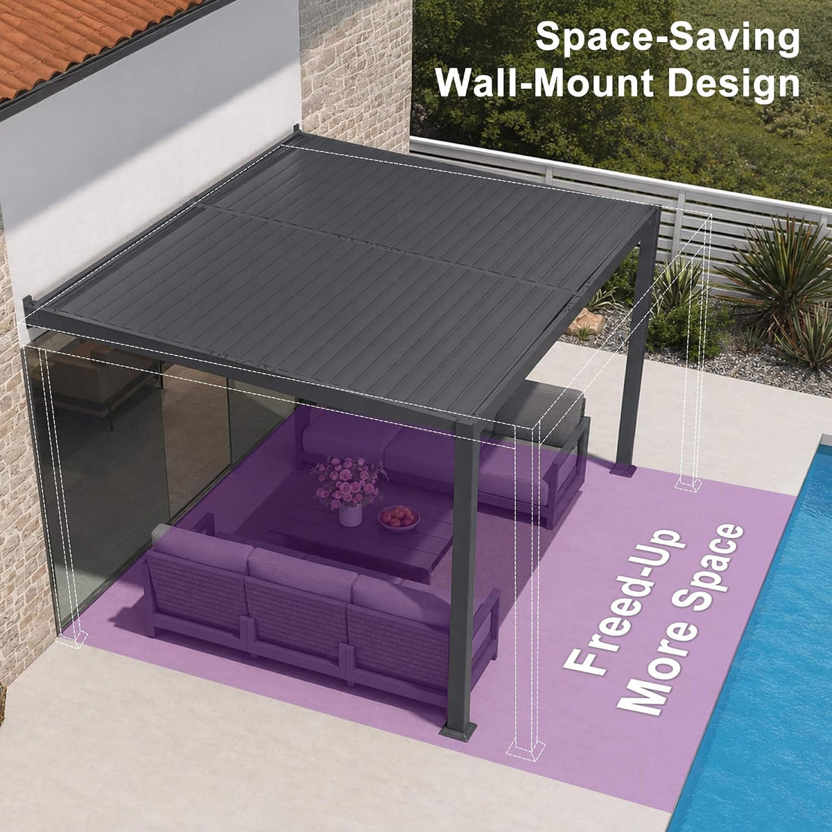 [08X10FT] Alora Modern Wall-Mounted Louvered Pergola With Aluminum Frame (SAK60977)