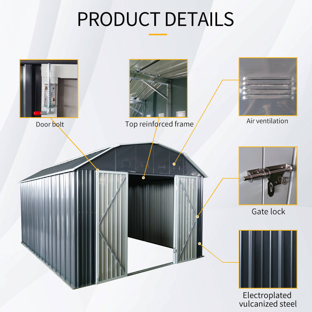[10X12FT] Alora Heavy-Duty Outdoor Metal Garden Backyard Shed With Arch Roof And Lockable Doors (SAK57431)