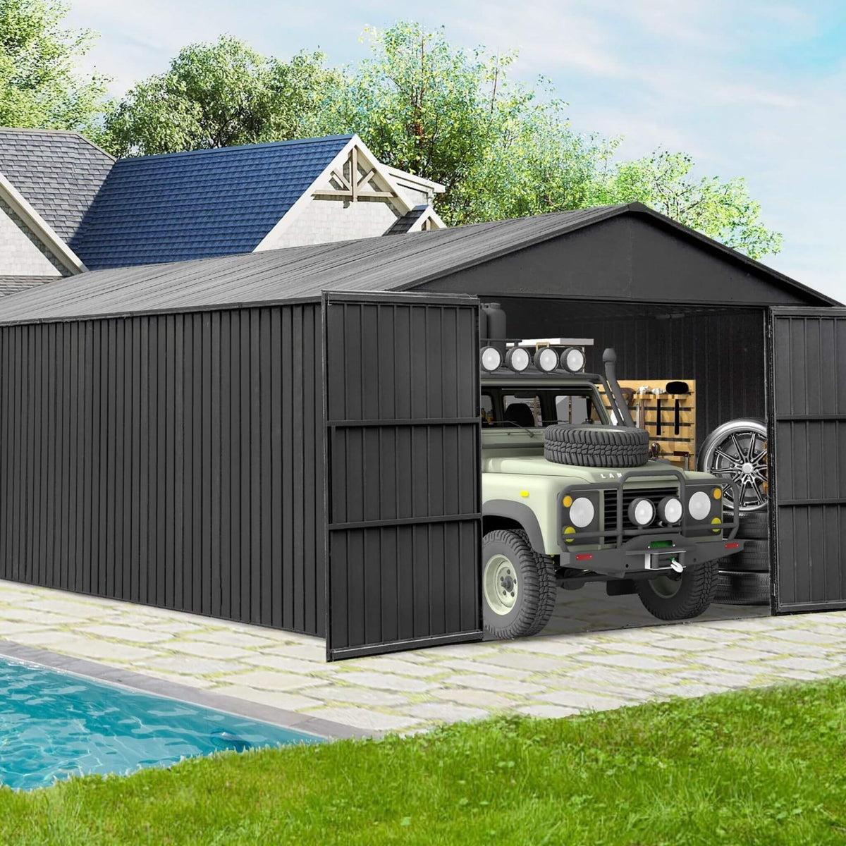 [12X25FT] Alora Extra Large Heavy-Duty Outdoor Metal Carport Garage Shed With Lockable Double Hinged Doors (SAK34153)