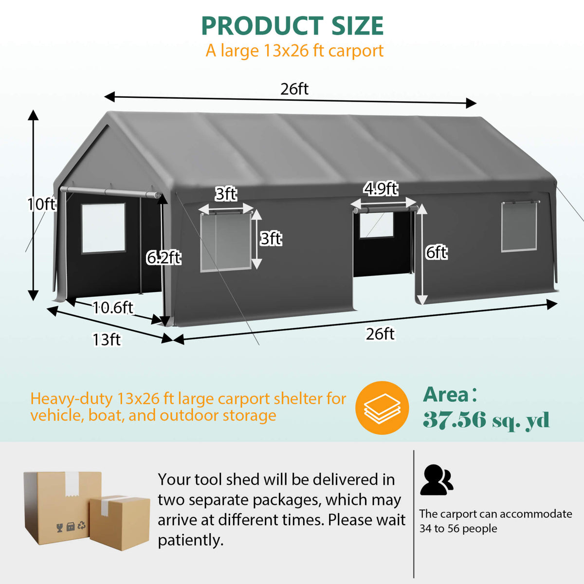 [13X26FT] Alora Heavy-Duty Carport Canopy With Roll-Up Doors And Windows (SAK14975)