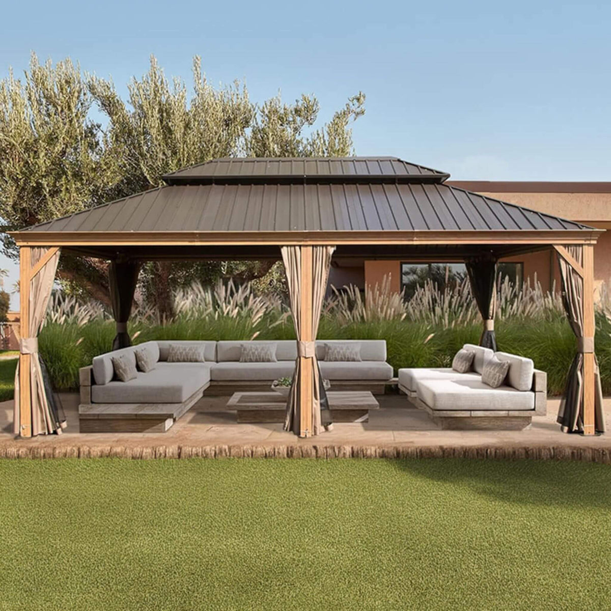 [14X24FT] Alora Heavy-Duty Aluminum Galvanized Steel Double Roof Hardtop Gazebo With Netting And Curtains (SAK41853)