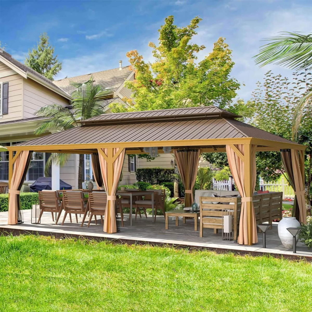 [14X24FT] Alora Heavy-Duty Aluminum Galvanized Steel Double Roof Hardtop Gazebo With Netting And Curtains (SAK41853)