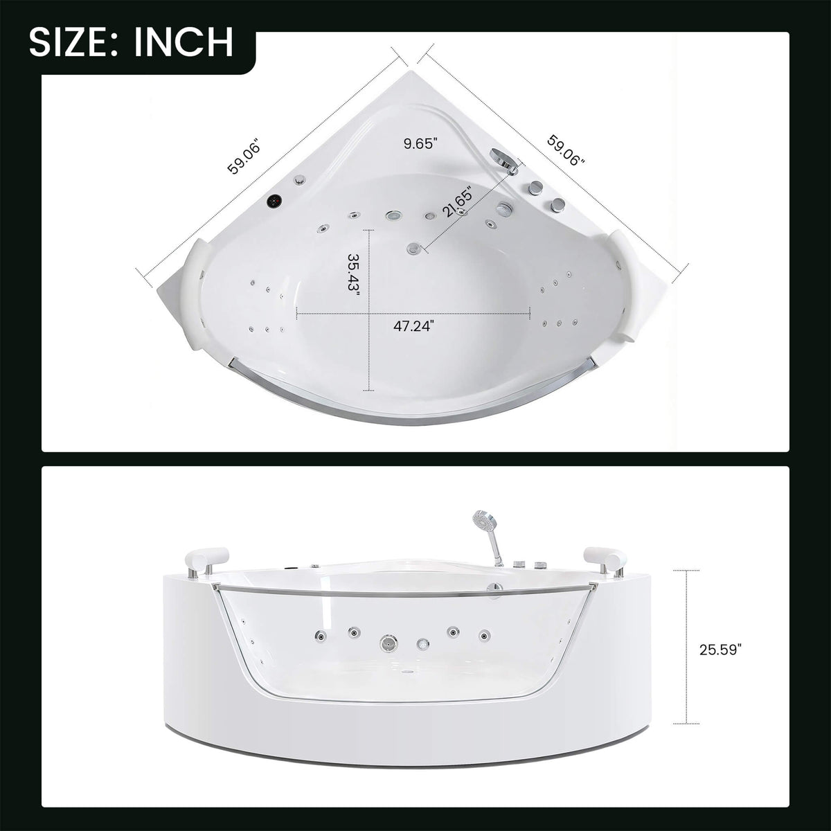Nuvia Serenity 59-Inch 2-Person Acrylic Corner Whirlpool 16-Jet Hydro Massage Bathtub With Heater Rainbow Light (SAK12058)