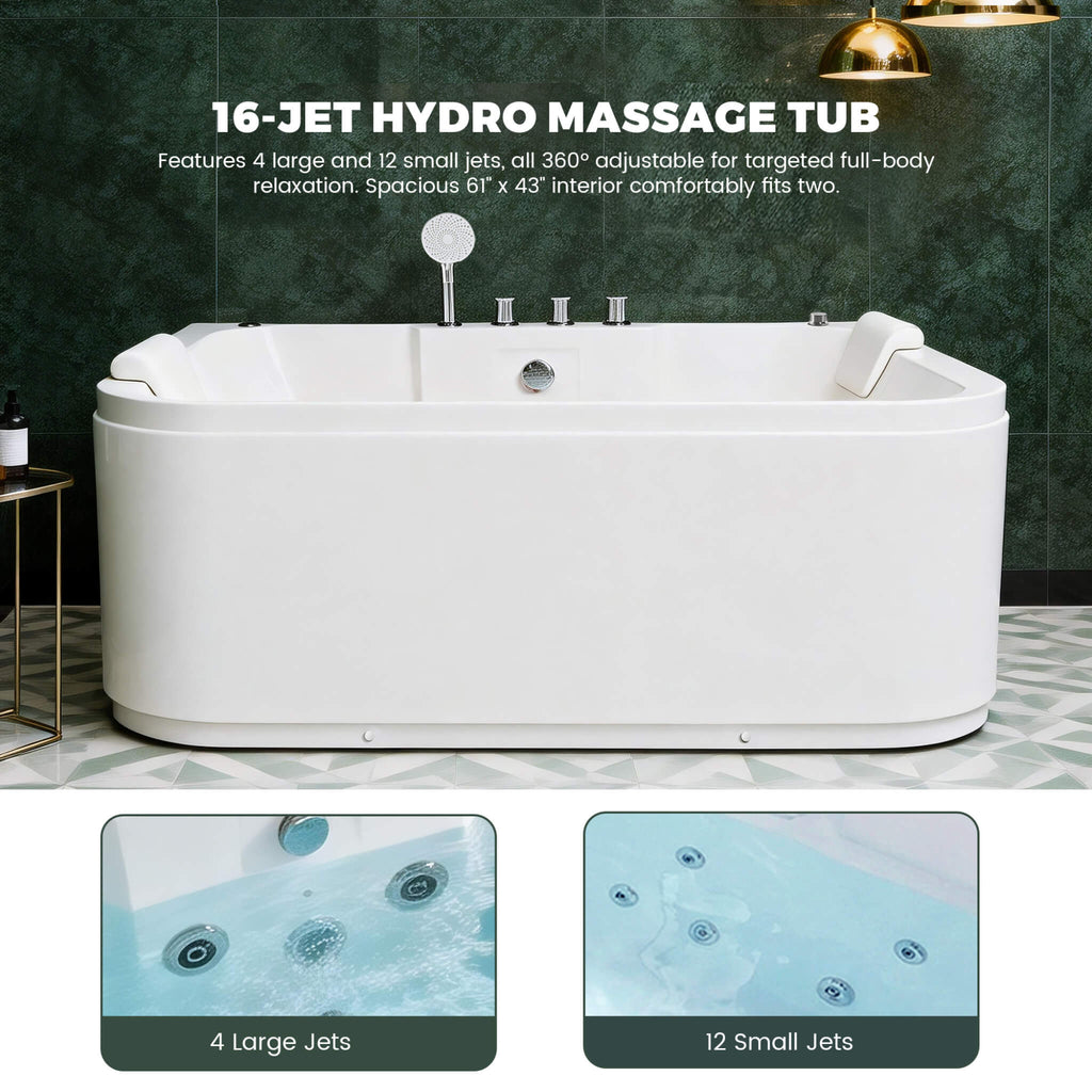 Nuvia 61-Inch 2-Person Acrylic Whirlpool Massage Bathtub With 16 Water Jets And LED Lights (SAK15780)