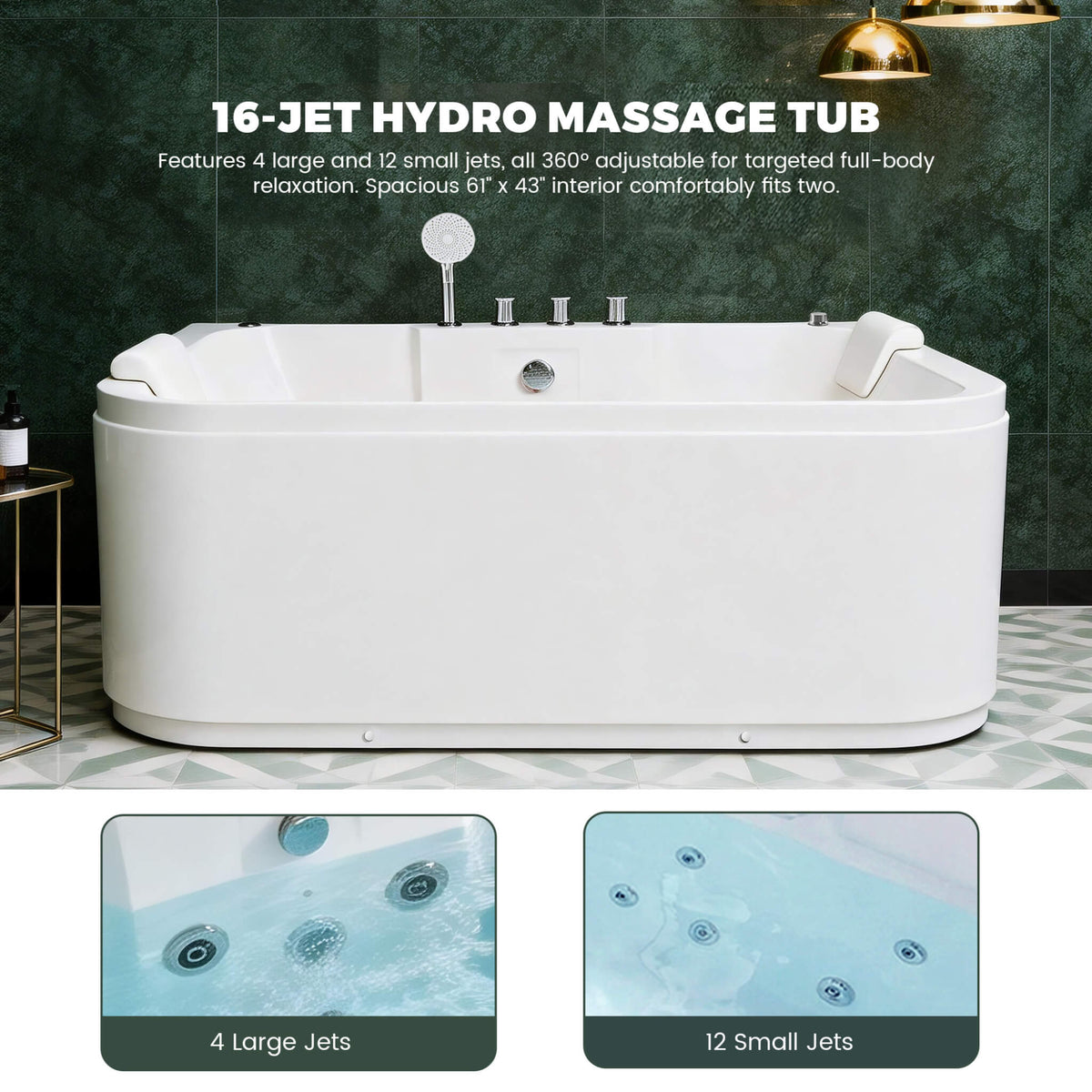 Nuvia 61-Inch 2-Person Acrylic Whirlpool Massage Bathtub With 16 Water Jets And LED Lights (SAK15780)