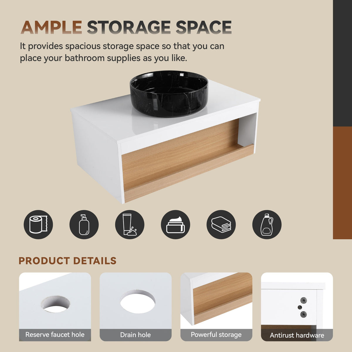 Floating Bathroom Vanity With Vessel Sink With Open Shelf Storage