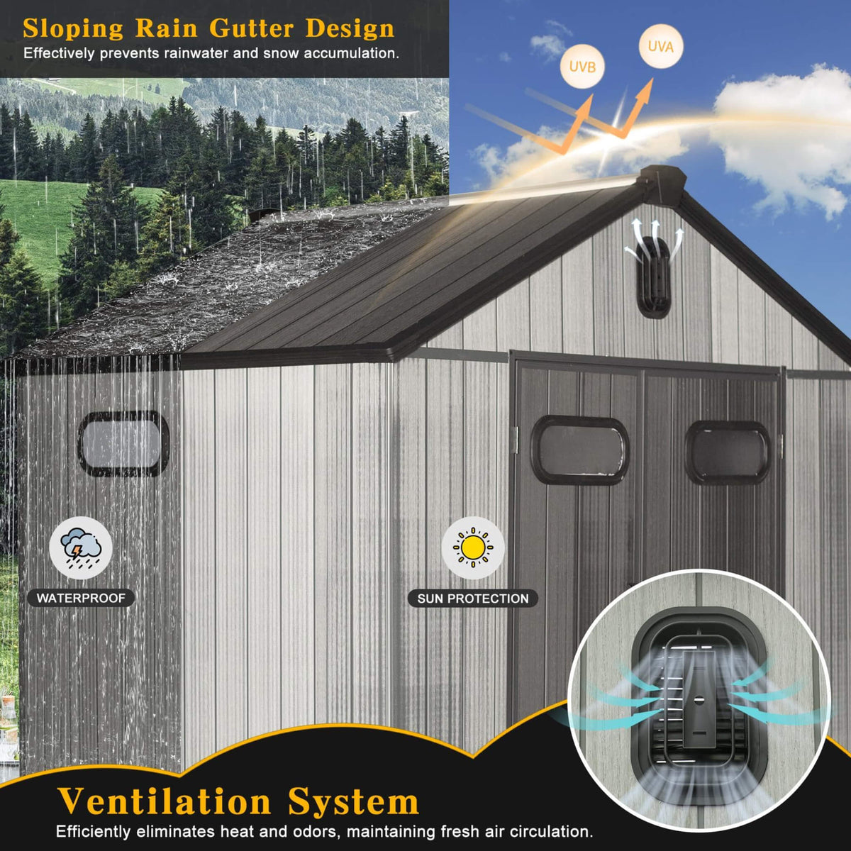 [06X08FT] Alora Heavy-Duty Outdoor All-Weather Resin Storage Shed With Lockable Doors, Windows, And Vents (SAK39874)