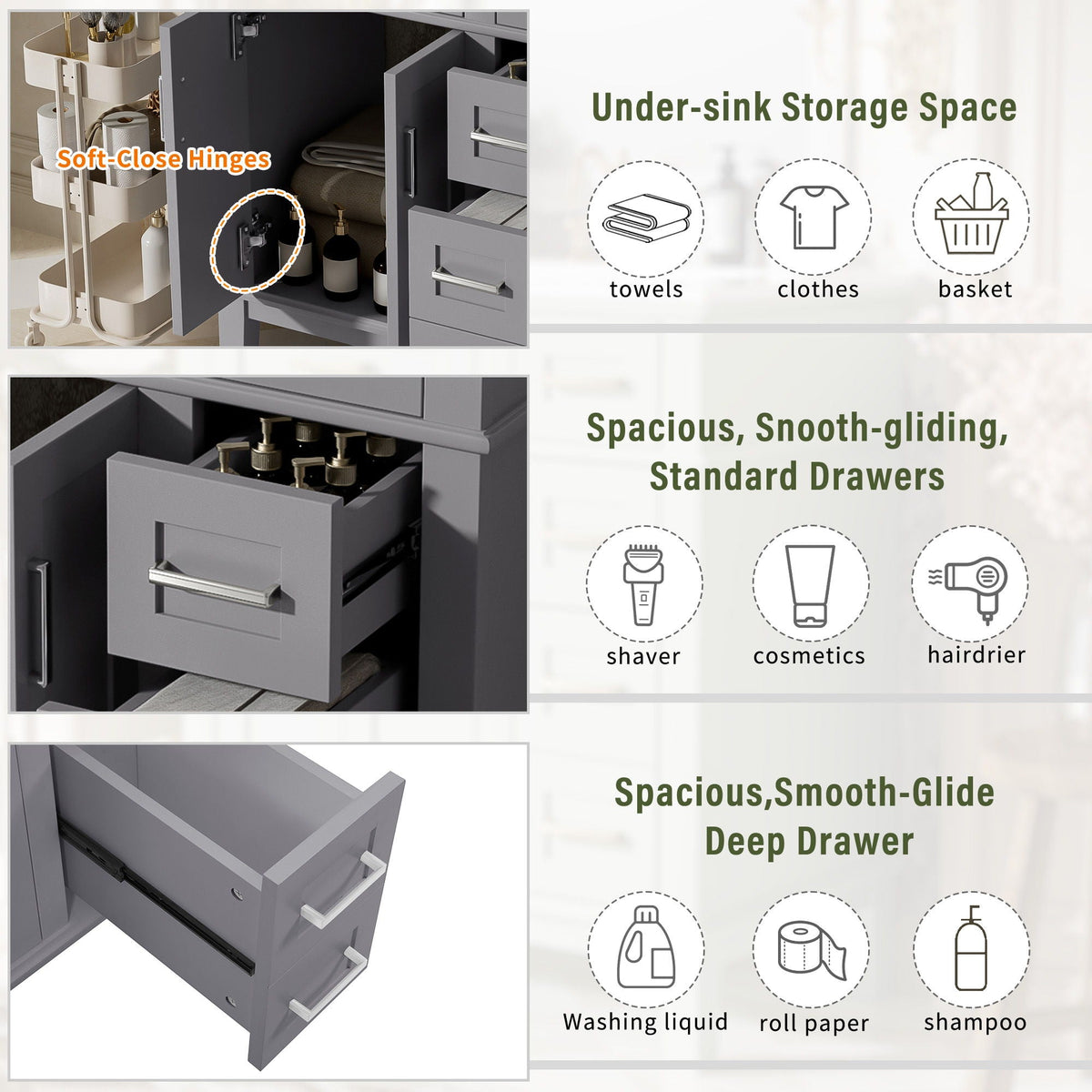 Modern Bathroom Vanity With Sink, Storage Cabinet, Soft Close Doors, Deep & Standard Drawers