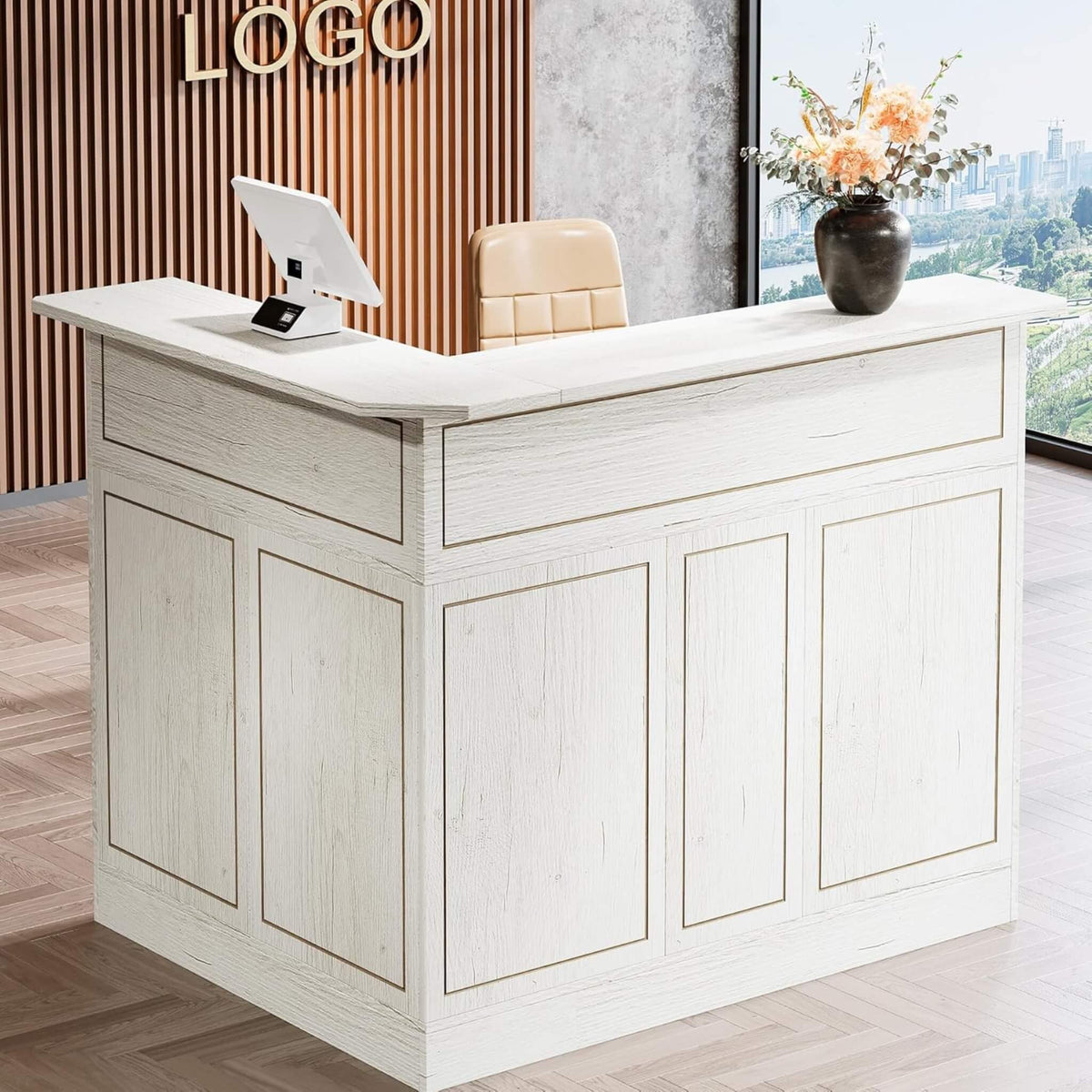 Velmor Modern L-Shaped Reception Desk With Storage Shelves (SAK81036)